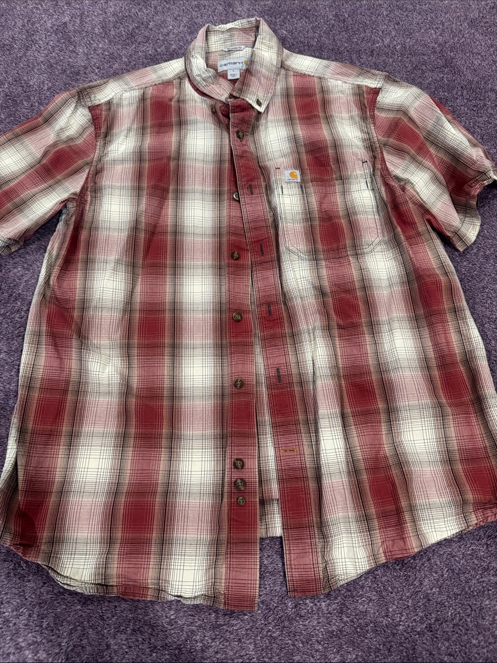 Carhartt Men’s Red and White Plaid Short-Sleeve Button-Down Shirt